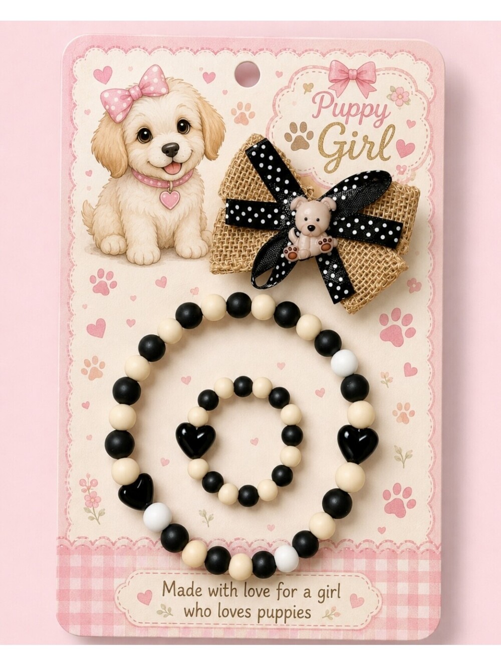 Puppy Dog Love Hair Bow & Bubblegum Bead Necklace Bracelet Jewelry Set